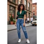 Kadın Yeşil Fermuar Detaylı Modern Kesim Crop Bluz