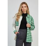 Kadın Yeşil Oversize Fit Ekoseli Desenli Uzun Kollu %100 Pamuk Gömlek, Ceket, Kadın Oduncu Gömlek