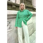 Kadın Yeşil Uzun Kollu Salaş Gofre Kumaş Basic Tunik Gömlek 3522275