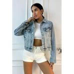 Kadın Yıpratmalı Vintage Mavi Denim Ceket