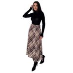 Kadın Yırtmaç Detaylı Ekose Uzun Etek – Slit Plaid, kahverengi, s