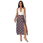 Kadın Yırtmaç Detaylı Ekose Uzun Etek – Slit Plaid, MOR, s