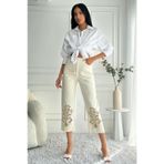 Kadın Yüksek Bel Dantel İşlemeli Mom Fit Bej Jean Pantolon