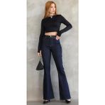 Kadın Yüksek Bel Ispanyol Paça Lacivert Denim Likralı Jean Pantolon - 40