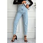 Kadın Yüksek Bel Taşlı Mom Fit Mavi Jean Pantolon