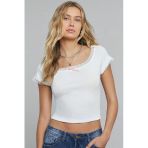 Kadın Zarif Dokunuş Beyaz Göğsü Ve Kolları Dantelli Fiyonklu Kısa Kol Crop Top Bluz