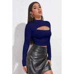 Kadın Zarif Dokunuş Lacivert Göğüs Dekolteli Uzun Kollu Cut Out Crop Top Bluz