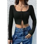 Kadın Zarif Dokunuş Siyah Uzun Kollu Agraflı Göğüs Ve Göbek Dekolteli Crop Top Bluz