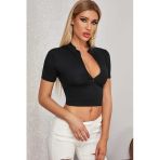 Kadın Zarif Dokunuş Siyah Yarım Fermuarlı Ve Kısa Kollu Crop Top Bluz