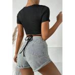 Kadın Zarif Dokunuş Siyah Yarım Kol Çapraz Bağlamalı Crop Top Bluz