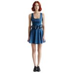 Kadın%100 Pamuk A line Kalıp Kare Yaka Kolsuz Mini Denim Elbise Gül Detaylı Yazlık Şık Tasarım-Mavi-32
