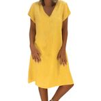 Kadınlar Hawaii Midi elbiseler gevşek Fit elbiseler kadınlar için kısa kollu Vneck keten plaj yaz sonbahar elbiseler 2025, J-810 Hardal Sarısı, 5XL