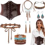 Kadınlar için 7 adet Western kovboy aksesuar seti, vintage hippi kostüm kiti, kemerli, püsküllü zincir, küpe, alın bandı, bel zinciri, bileklik, cadılar bayramı, kostümlü oyun, disko temalı parti için