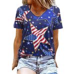 Kadınlar için Amerikan Bayrağı Gömlek 4 Temmuz Tişört Vatansever V Yaka Gömlekler ABD Tişörtler Üstler Yıldız Çizgili Grafik Gömlekler, Mavi, S