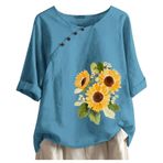 Kadınlar için beyaz gömlek, beyaz, büyük beden, kadın keten üst, yaz, şık, basic tişört, düğme şeridi, ayçiçeği baskılı, tunik, Açık mavi, 4XL