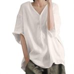 Kadınlar için beyaz keten gömlek, beyaz kadın bluzu, kısa kollu, yaz, Basic, bluz, üst, V yaka, tunik kıyafet, Bej, XL