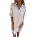 Kadınlar için beyaz keten gömlek, yaz, kadın bluzu, uzun kollu, basic bluz, bol V yaka, düğmeli, tunik kıyafet, beyaz, 3XL, Beyaz, 3XL