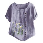 Kadınlar için çiçek desenli keten üst parça, yaz, V yaka, kısa kollu, Basic-Tunik, düğme şeridi, mor, XL, mor, XL