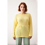 Kadınlar İçin Düz Renk Kayık Yaka Triko Kazak Regular Kalıp Uzun Kollu Beli Kuşaklı Tasarım -Sarı-2XL