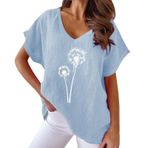 Kadınlar için keten üst, V yaka, büyük beden, kadın bluzu, gömlek, basic bol yaz tunik, kısa kollu, aslan dişi baskılı, Mavi, 3XL