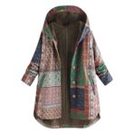 Kadınlar için Kışlık Ceketler Retro Baskılı Dış Giyim Düğmeler Fermuarlı Günlük Moda Cepler Kapüşonlu Uzun Kollu Uzun Kaban Peluş Astarlı Ceket, yeşil, L