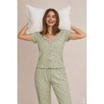 Kadınlar İçin Koza İç Giyim Kısa Kollu Fiyonklu Fitilli Pijama Takımı Yeşil Renkli Şık Tasarım - XL