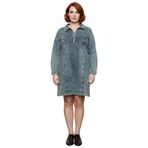 Kadınlar İçin Mavi Denim Shift Kalıp Gömlek Yaka%100 Pamuk Uzun Kollu Mini Elbise Kaliteli-Mavi-46