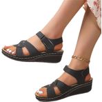 Kadınlar için ortopedik sandalet, vintage sandalet, dolgu topuklu yazlık burnu açık ayakkabı, poliüretan deri, Roma sandaleti, kauçuk platform spor sandaleti, 2023 günlük plaj ayakkabısı, siyah, 6,5