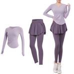 Kadınlar İçin Siyah 2 Parça Kıyafet, Uzun Kollu Üst, Etek ve Tayt, Ter Emici ve Nefes Alabilen Xxl Pilates Seti, 140-150 Pound, leylak (Lilac), One Size