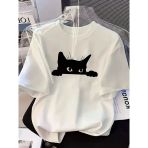 Kadınlar İçin Siyah Kedi Grafik Tişört - Oversize Kısa Kollu Üst Nefes Alabilir - Beyaz