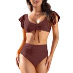 Kadınlar İki Adet Mayo Ruffles İpli Yüksek Bel Bikini Set Mayo Mayo
