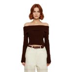 Kadınlara Özel Basic Fitted Kesim Uzun Kollu Crop Akrilik Triko Carmen Yaka Kazak Kaliteli -Kahverengi-M
