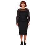 Kadınlara Özel Bodycon Fit Midi Elbise Tül Detaylı Uzun Kol Örme Kumaş İlkbahar Sonbahar Şıklığı-Siyah-5XL