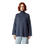 Kadınlara Özel Oversize Kesim Düz Desen Balıkçı Yaka Uzun Kollu Triko Kazak Kış Modası Kaliteli -Indigo-S