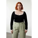 Kadınlara Özel Siyah Kare Yaka Triko Bluz Fitted Kesim Uzun Kol Şık ve Rahat Kombinler Yaratın -Siyah-XL