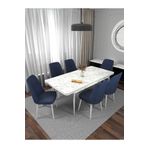 Kaffahome Riff Raw Carrara 80x130 Açılır Masa Yemek Masası Mutfak Masası Masa Takımı 6 Lacivert Sandalyeli