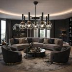 Kafkas 7 Kollu Modern Siyah – Gold Cam Küreli Lüks Salon Avizesi