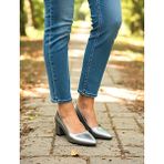 Kafkaslar Mat Gri 5 cm Kalın Topuklu Kadın Stiletto Ayakkabı - Platin Kroko