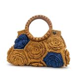 Kağıt İpten Örülmüş Çiçek Desenli Hasır Saplı Kadın El Çantası, Hardal ve Mavi, 35x22x12 cm