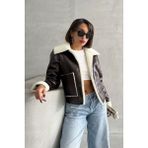 Kahve-Krem Kadın Lamine Deri Ceket Modern Premium Luxury Trend Tasarım Mont - Kahverengi