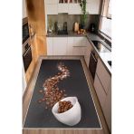 Kahve Ve Fincan Desenli Baskılı Kaymaz Yıkanabilir Mutfak Halısı Kahve Köşesi Halısı Yolluk 200 X 250 Cm Gri