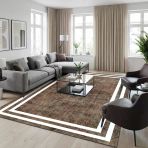 Kahverengi Beyaz Modern Salon Halısı Çerçeve Desenli Dijital Baskılı Kaymaz Tabanlı Halı Dijital
