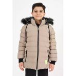 Kahverengi Erkek Çocuk Çıkartılabilir Kapüşonlu Şişme Deri Karışımlı Kumaş Mont&Kaban