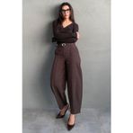 Kahverengi Modern Kesim Kemerli Yüksek Bel Bol Paça Kumaş Pantolon MG2618