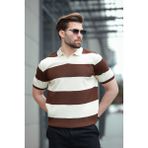 Kahverengi Polo Yaka Çizgili Erkek Triko Tişört E7411 - XL