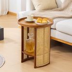 Kahverengi Rattan Sehpa Yuvarlak Bambu Yan Sehpa 2 Katlı Snack Kanepe Masa Küçük Komidin Oturma Odası ve Balkon için 45cm Modern Tasarım