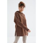Kahverengi Reglan Kol Renk Detaylı Basıc Kapüşonlu Oversize Tunik - 97242 | L