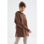 Kahverengi Reglan Kol Renk Detaylı Basıc Kapüşonlu Oversize Tunik - 97242 | M