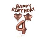 Kahverengi Renk Happy Bırthday Rakam Kalp Yıldız Folyo Balon Seti Yaş 4