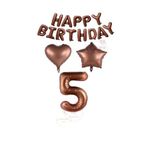 Kahverengi Renk Happy Bırthday Rakam Kalp Yıldız Folyo Balon Seti Yaş 5